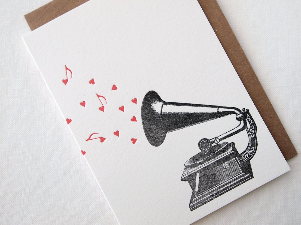 Letterpress Gramophone Love Note Greeting Card