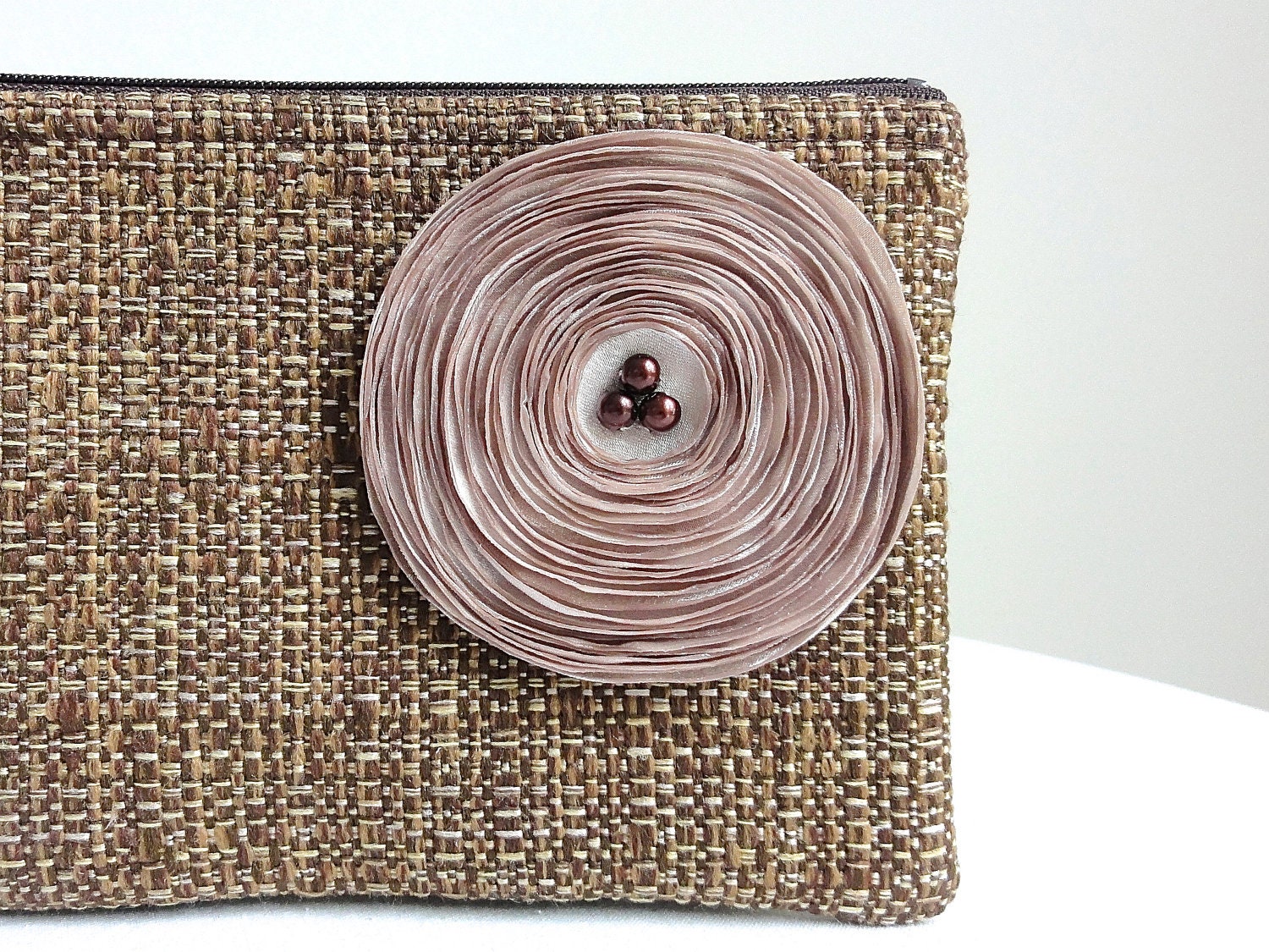 Brown Clutch Bag with Handmade Champagne Flower
