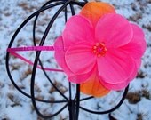 Orange and Hot Pink Flower Headband - Silk Flower w/ Sequin Center Skinny Headband or Clip - Infant Baby Toddler Child Girls Headband
