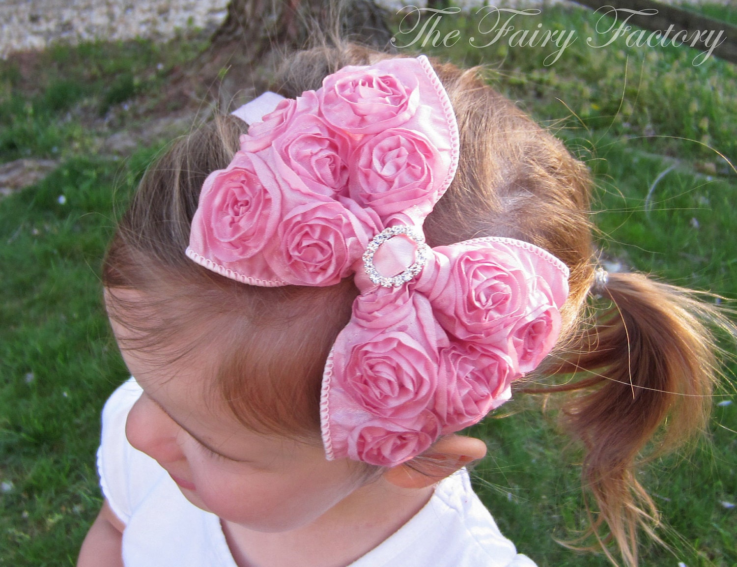 Pink Hair Bow - Pink Satin Rosette Hair Bow w/ Crystal Center Pink Headband or Hair Clip - The Virginia - Baby Toddler Child Girls Headband