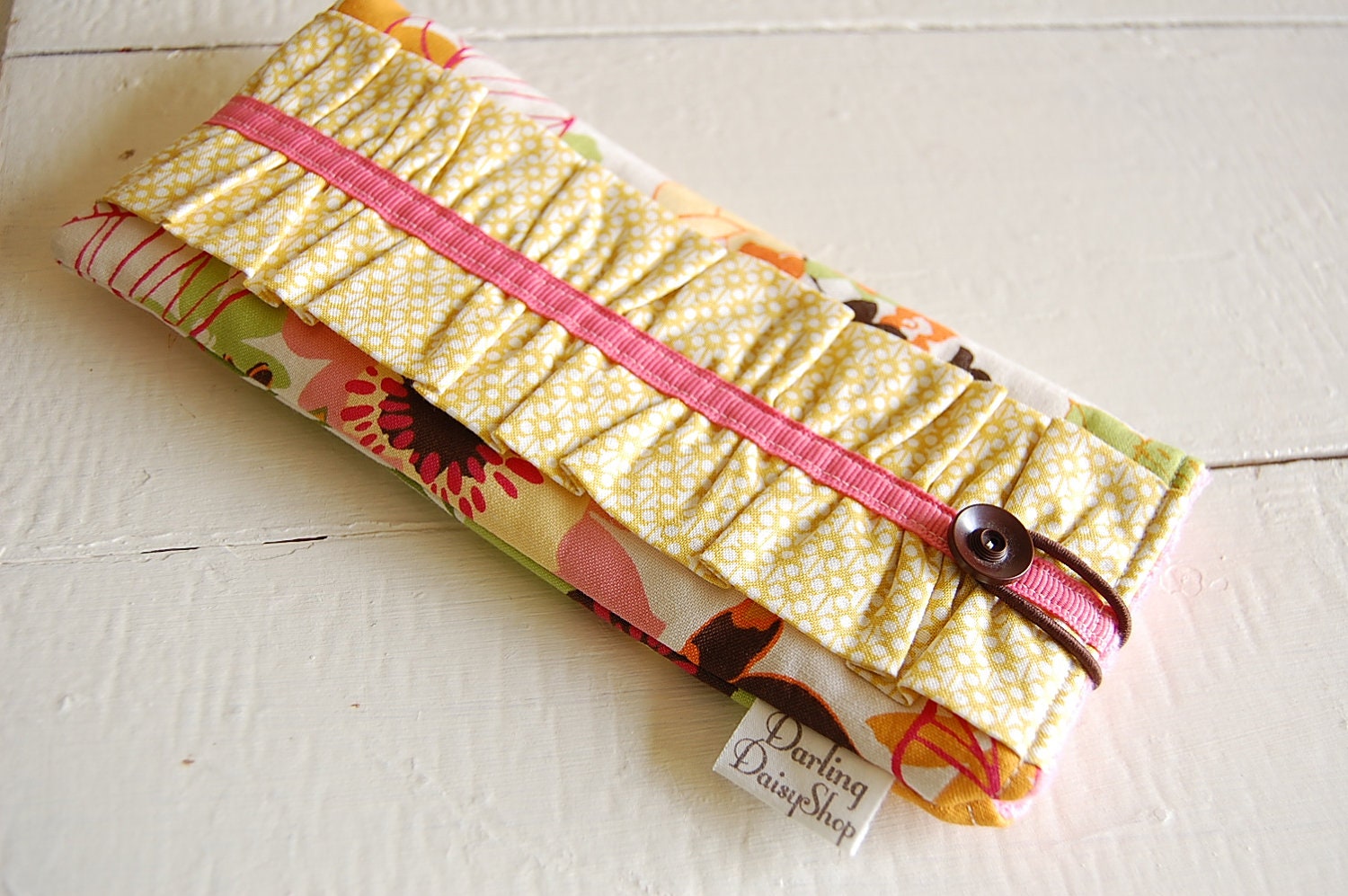 Handmade Ruffled Sunglasses Case - Pink and Yellow Flowers READY TO SHIP