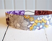 Wide Fabric Reversible Headband - Egg Plant Purple with Mustard and Cream Floral with Deep Purple SwirlAutumn Botanicals