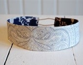 Wide Fabric Reversible Headband - Cream and Gray Paisley with Navy and Shadow Gray