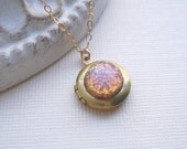 Small Vintage Locket Necklace. Fire Opal Gold Necklace, Round Locket Pendant, Gold Filled, Under 25