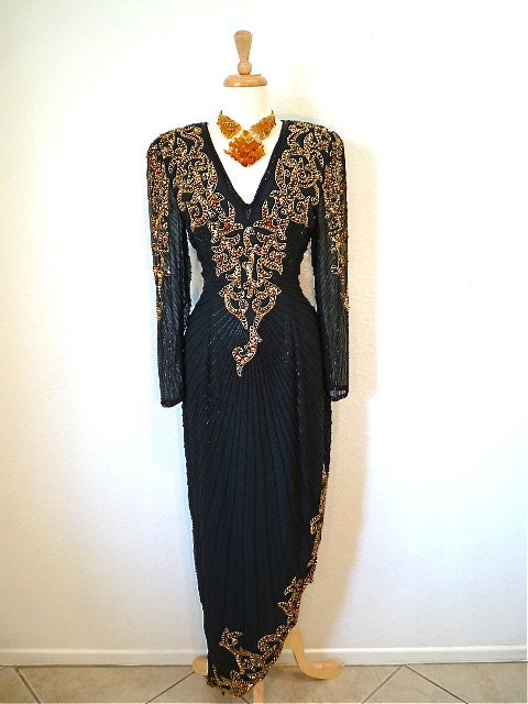 Vintage 1980s dress Black and Gold Beaded Sequins Asymmetrical Evening Silk Gown