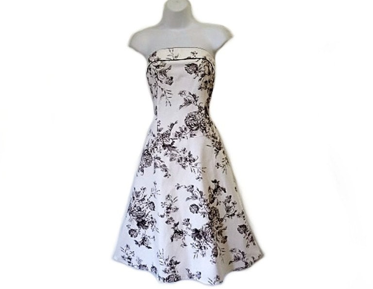 Vintage 60's Linen Dress strapless white brown sweetheart floral garden party Alice in Wonderland