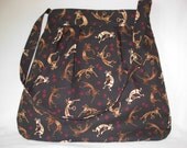 Pleated Tote, Hobo, Shoulder Bag Long Adjustable Strap Kokopelli Browns Tan Black