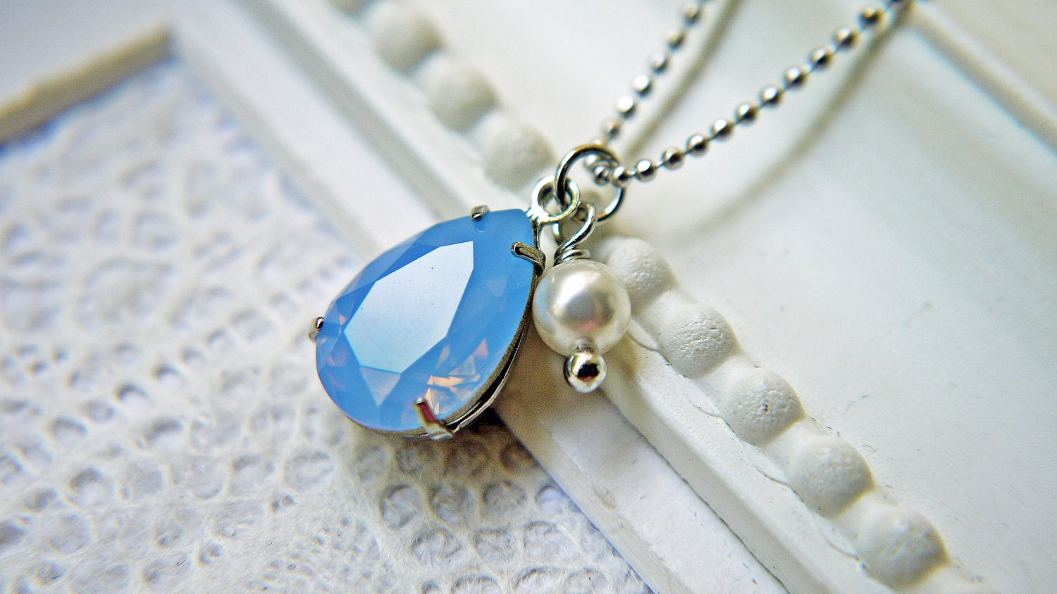 Swarovski Crystal Air Blue Opal Pendant Necklace. White Pearl.  Matte Silver Ball Chain