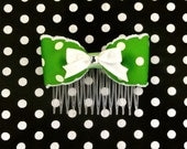 Retro Cutie Pinup White Bow & Dots Hair Comb - Lime Green