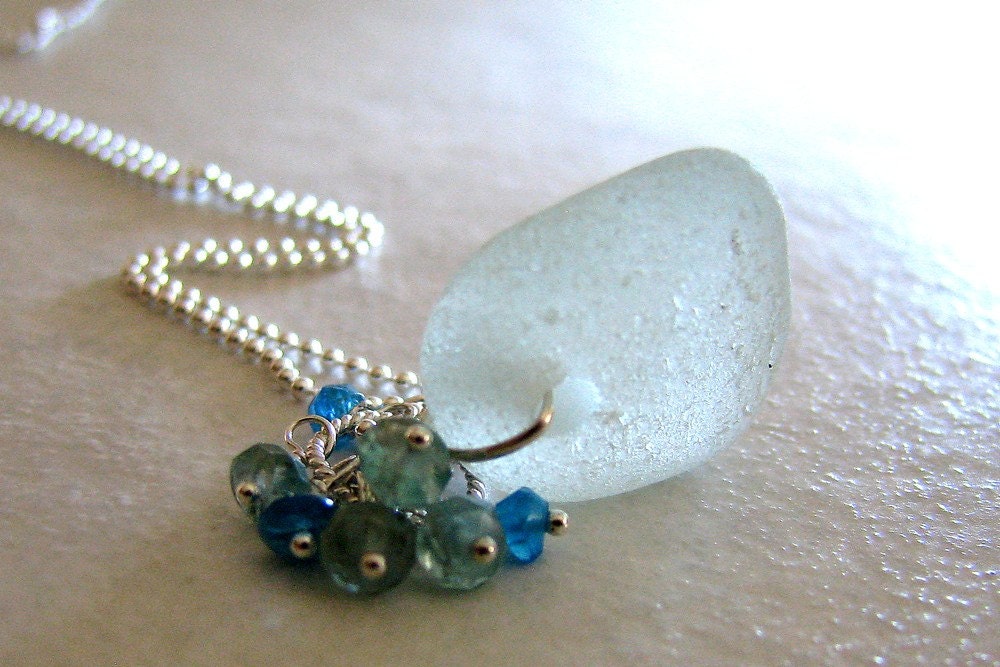 Sea Glass Necklace, Seafoam Gemstone Cluster, Beach Glass, Aqua Blue, Apatite, Summer Fashion, Handmade - Sea Spray