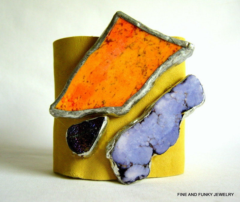 Reserved for Marcie -leather cuff bracelet -bright yellow leather cuff with orange purple druzy drusy size 1