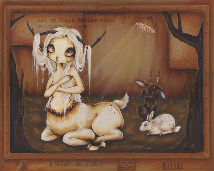 DeadWood Observatorium - Limited Editon Canvas giclee Print - Made to Order -Fantasy zombie undead sideshow deer girl