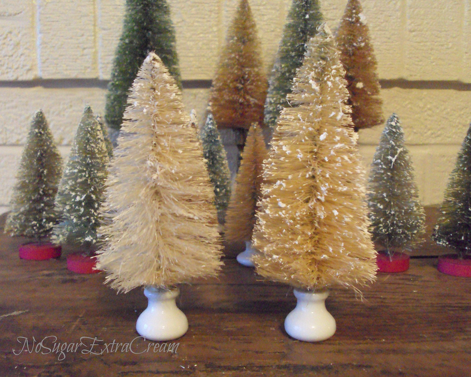 Vintage Inspired Cream Bottle Brush Trees Set of Two with White Porcelain Knobs Bottle Brush Trees and Porcelain Knobs