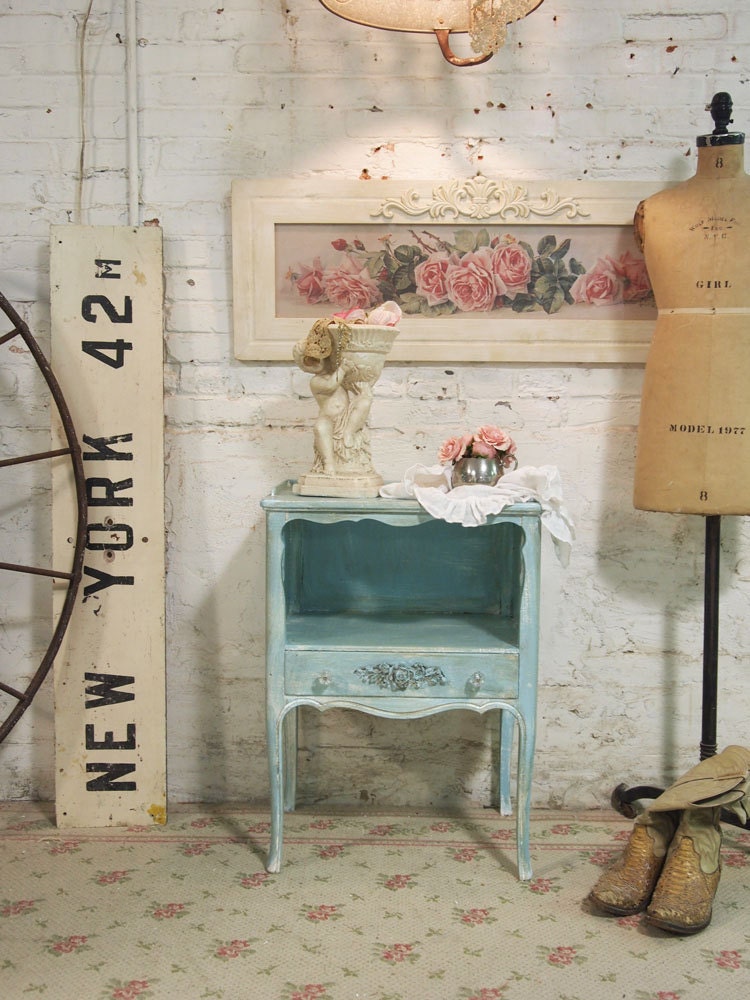 Painted Cottage Chic Shabby Aqua Romantic French Night Table NT435