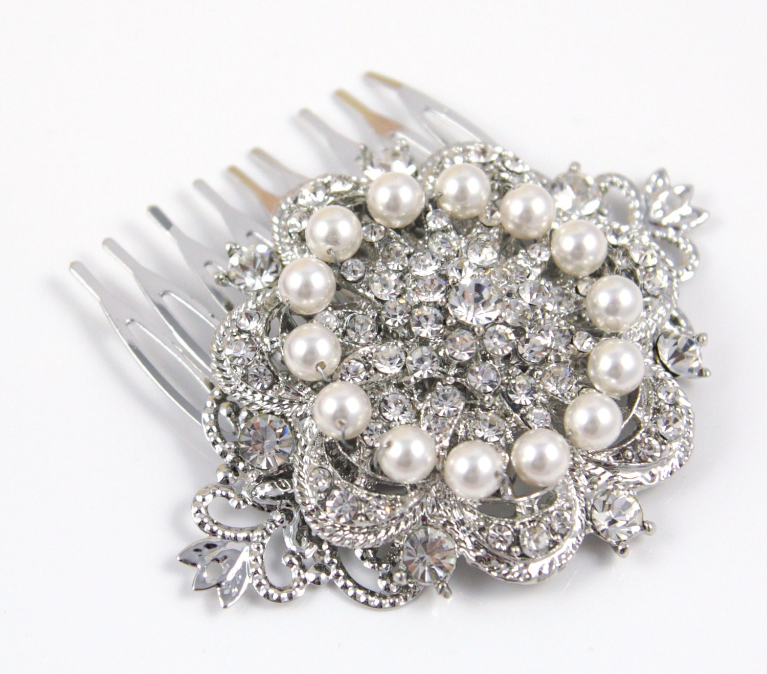 Rina - Bridal Wedding Hair Comb, Accessories, Swarovski Cream Pearl, Rhinestones, Crystal, Tiffany Inspired Hair Comb