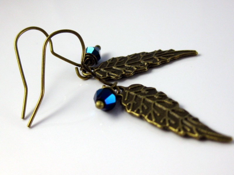 brass leaf dangle earrings, midnight blue crystal metal under 20 brass jewelry