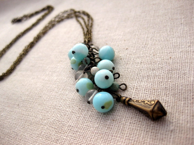Blue Peruvian Opal Cluster Necklace on Long Brass Chain Boho Strand Necklace