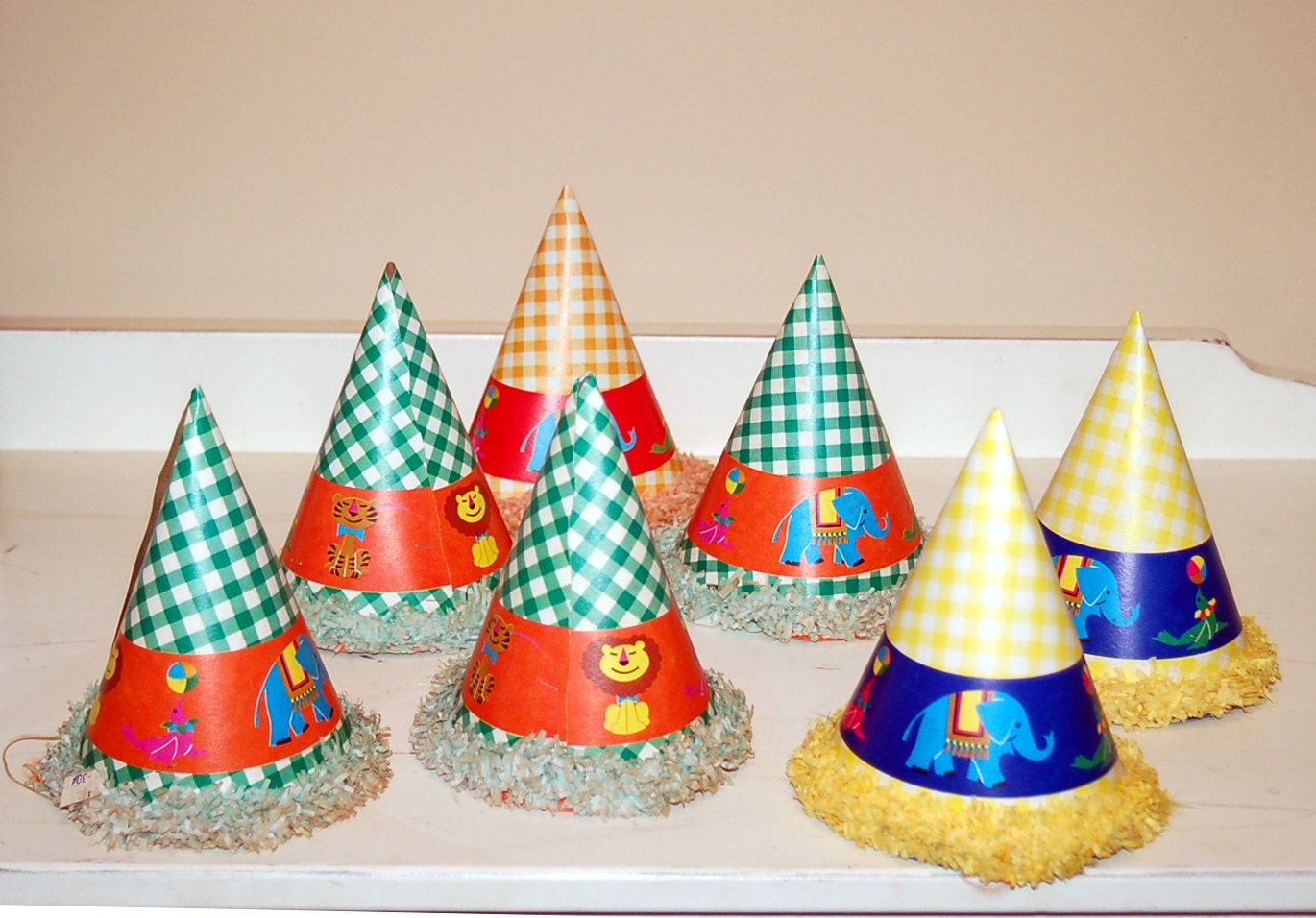 1950s birthday party hats, crepe paper trim, circus animal theme, gingham, green yellow - vintagerunway