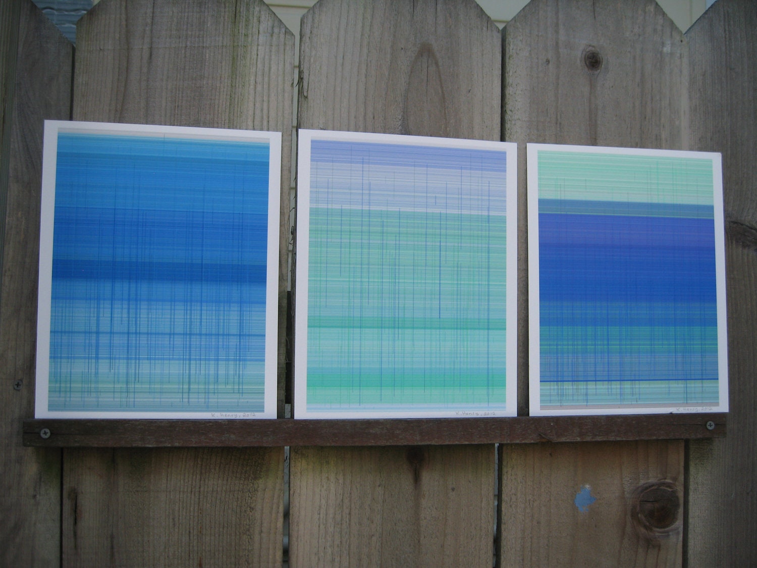 Blue and Aqua Abstract generative art  Lines Trio 02,  on 8 x 10 cotton rag paper