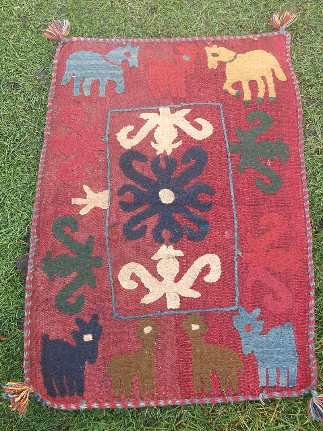 Sweet Animals Hand Embroidered Soumak  Pictorial Red Wool Mat or Wall Hanging. Nursery.