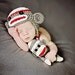 White, Red & Dark Gray Sock Monkey Earflap Hat with Matching Doll - Newborn Baby Boy, Girl Photography Photo Prop