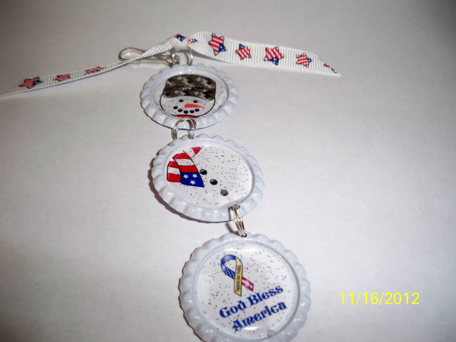 God Bless America Support our Troops Soldier bottlecap ornament Helps send care packages