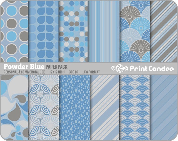 Powder Blue Paper Pack (12 Sheets) - BUY 2 GET 2 FREE - Personal and Commercial Use - polka dot plaid tartan stripe mod blue grey