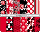 Crimson Elegance Paper Pack (12 Sheets) - BUY 2 GET 2 FREE - Personal and Commercial Use - red black white damask polka dots stripes flowers