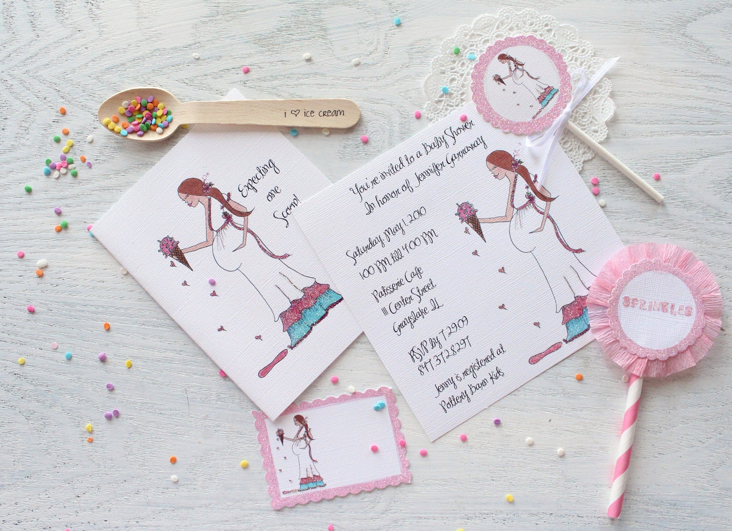 Expecting One (or Two) Scoops Ice cream momma invitations, note cards, cupcake flags and gift tags