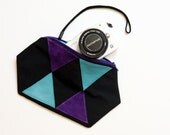 Pouch in leather and leather with triangle geometric pattern and zip