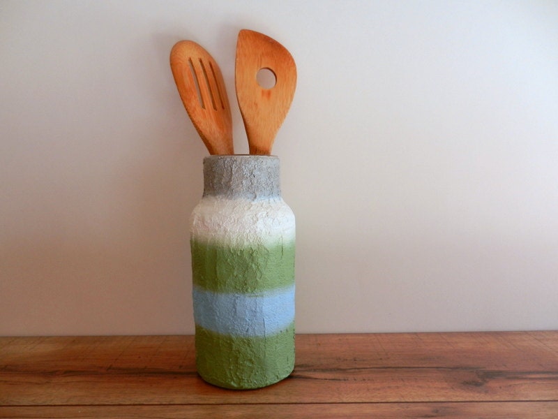 Vase / kitchen utensil holder / Silver Green white and blue home decor / home and garden / handcrafted vase