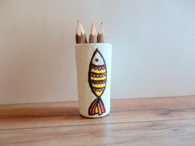 White pencil holder / unique fish gift / painted fish pen cup / whimsical fish