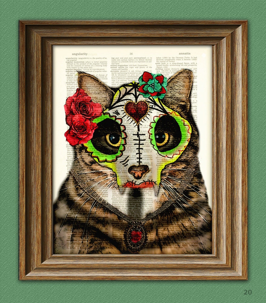 Day of the Dead Cat with Skull Mask 'El Día Del Gato'  illustration beautifully upcycled dictionary page book art print