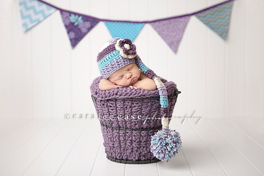 Baby Girl Elf Hat in Lavender, Aqua, Dusty Purple, and Cream
