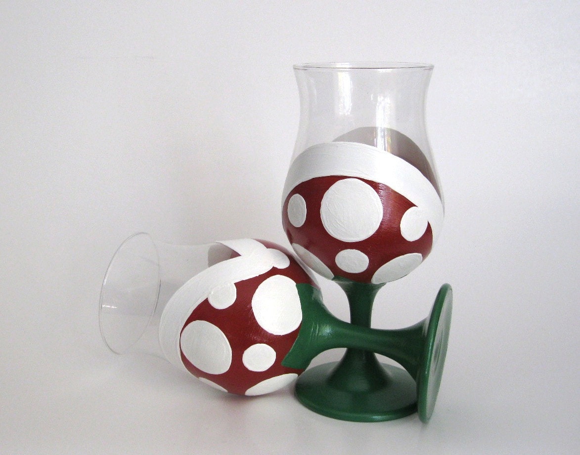 Piranha Plant Wine Glasses - Two Hand Painted Mario Inspired Wine Glass
