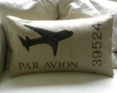 Burlap French plane ticket pillow cover