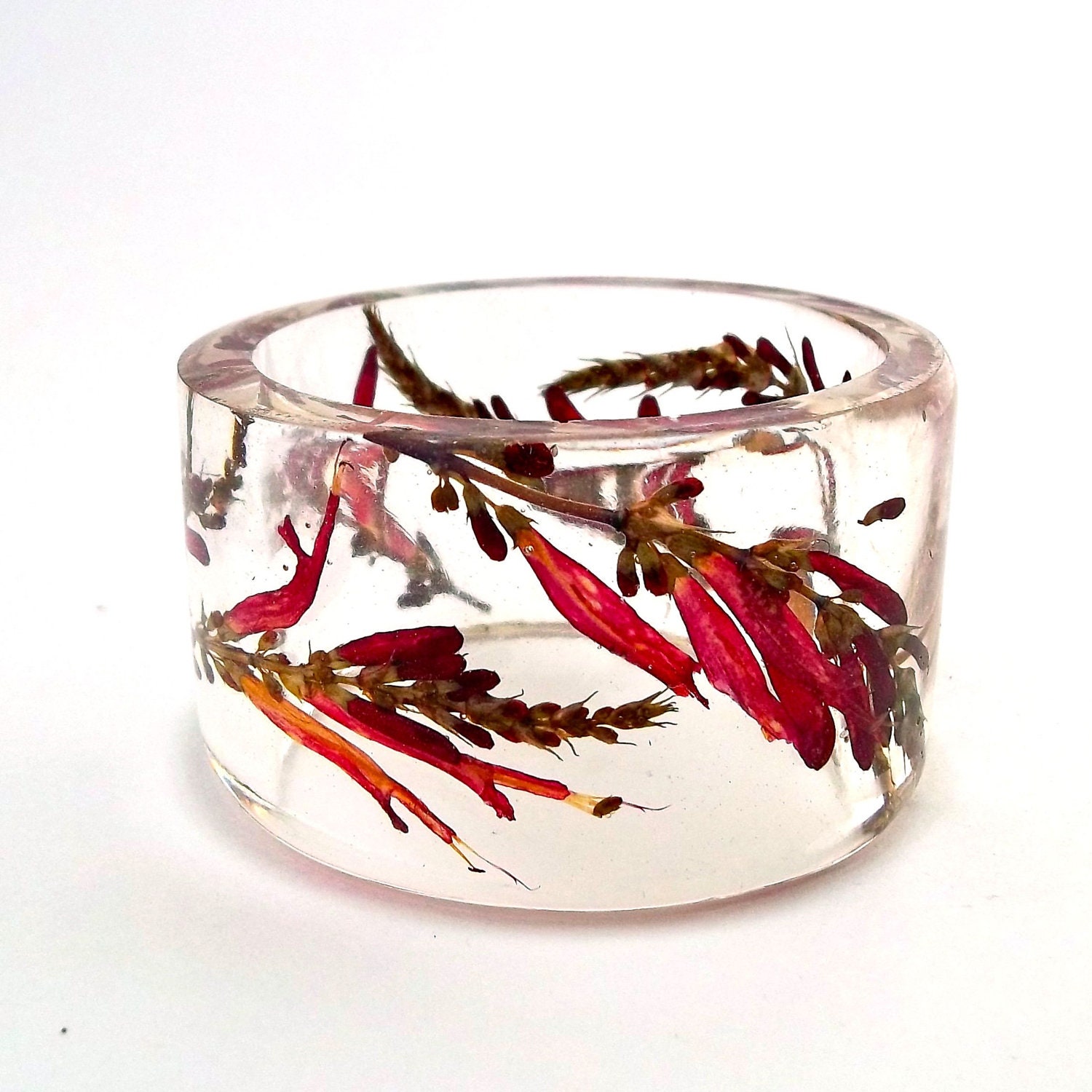 Contemporary Resin Bangle.  Red Salvia Bracelet  - Unique and Unusual.  Chunky Bangle.