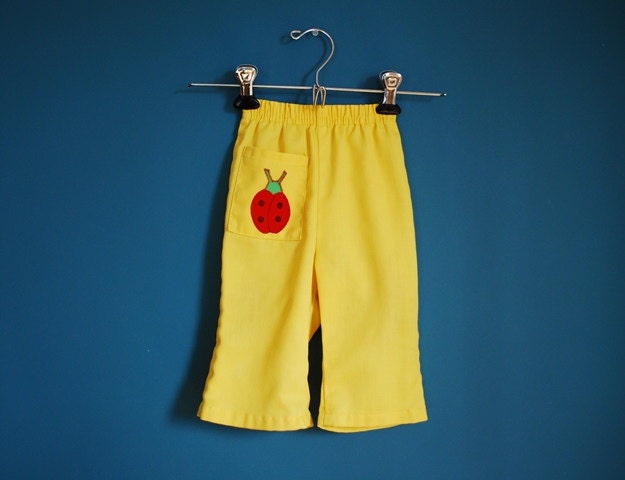 Vintage 1970s Yellow Baby Pants with Ladybug Applique- Size 12 Months