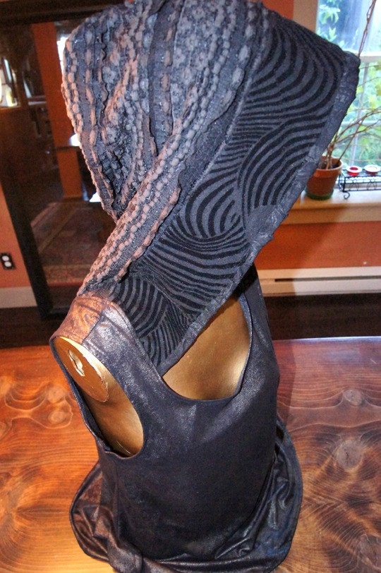 Corset Top - Gothic - Steampunk - Open Back with Hood - Black Vest - Bohemian Fashion - Sexy Faux Leather - Cotton - Size Large