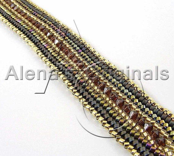 DISTINCTION Bracelet. 24 kt Gold Plated, swarovski, Crystal, Brown, Iridescent, Warm, Seed Bead, Elegant, Indigenous Arts, Nancy Morris