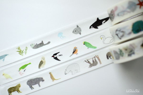 Colte Kids Japanese Washi Masking Tape Set // Birds, Land & Sea Animals // 3 Roll Set