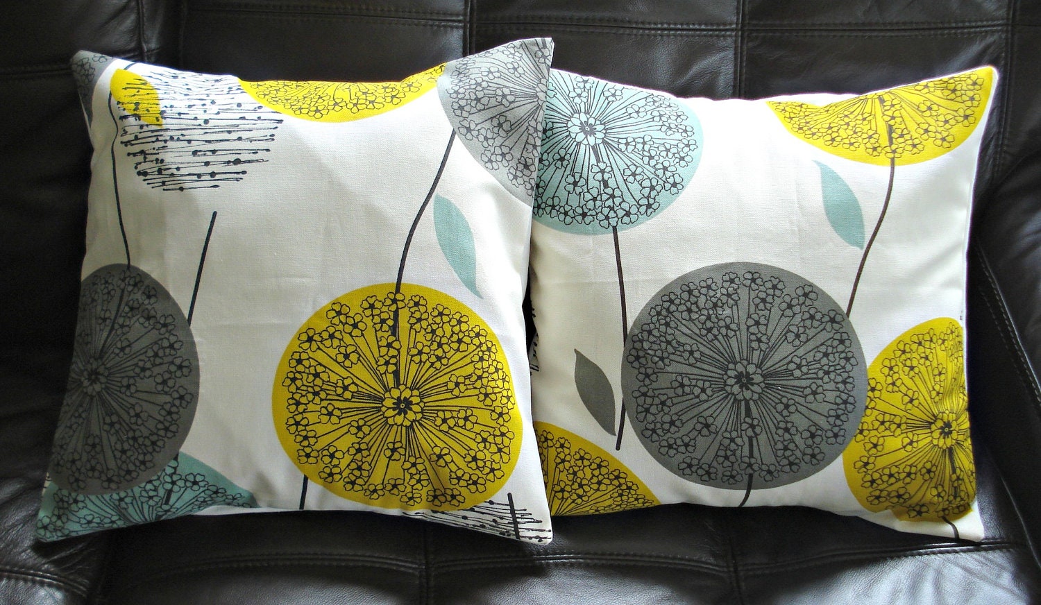 Decorative pillows dandelion mustard yellow teal blue grey gray black clock allium design cushion shams UK designer fabric  Two 16 inch