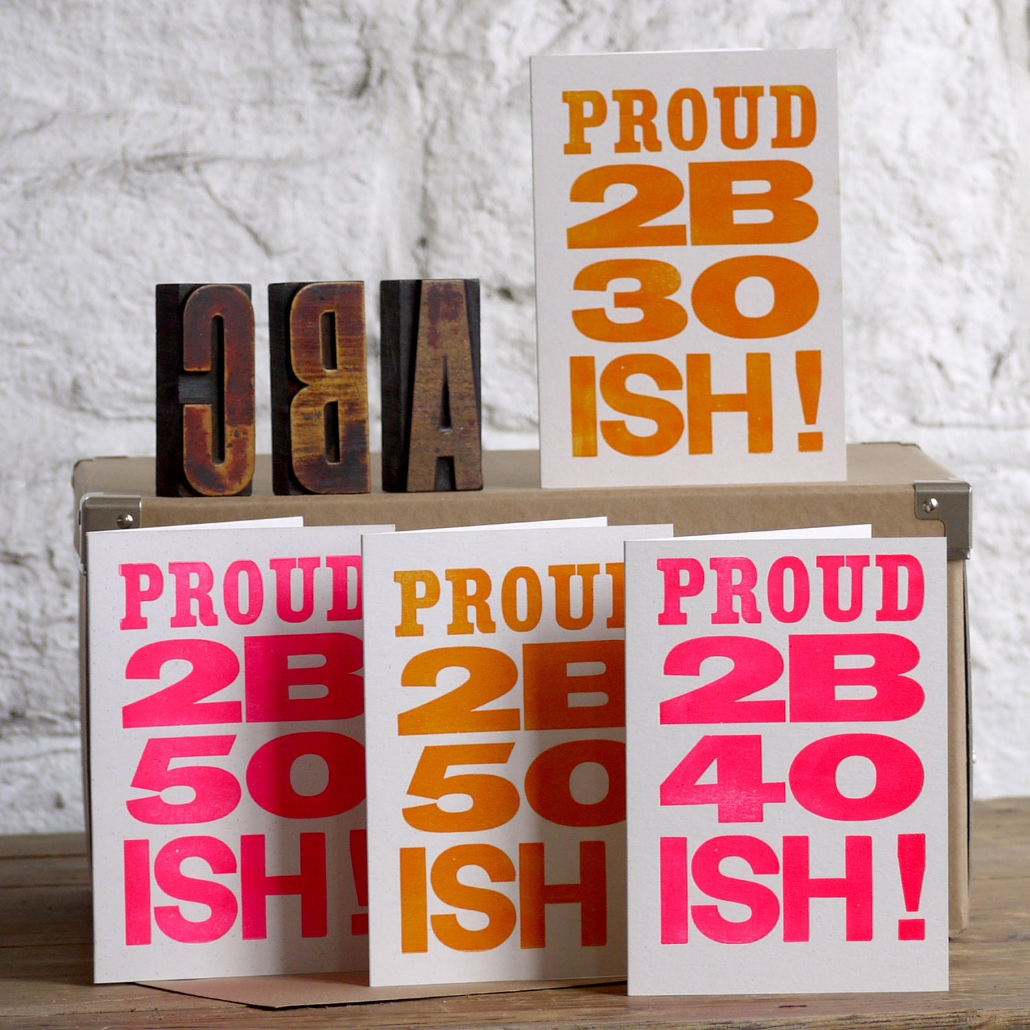 Letterpress 30s 40s, 50s Birthday Card neon pink or bright orange