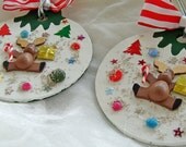 Reindeer Christmas Tree Ornament, Reindeer Ornament, Wood Ornament, Candy Cane, Stars, Stripes