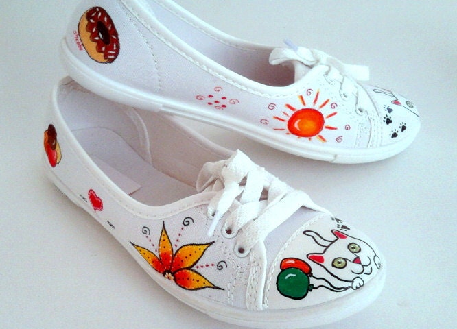 Hand Painted Pumps / Sneakers - Kitty Loves balloons Whimsical design - UK 4/ US 6.5 /EU 37