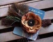 Vintage Couture Flapper Headband Brown Flower Feathers Veiling Rhinestone on Stretch lace Flapper, Photo Prop