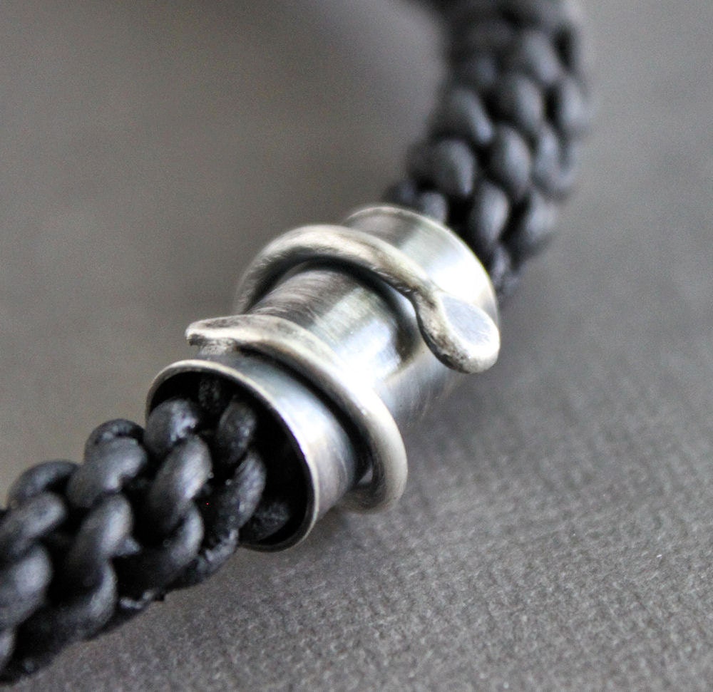 Mens Thick Leather Necklace Black Braid Silver Tube Wirewrapped Handmade