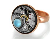 Steampunk Ring - Larimar Gemstone, Copper & Vintage Watch Mechanism - Size 7