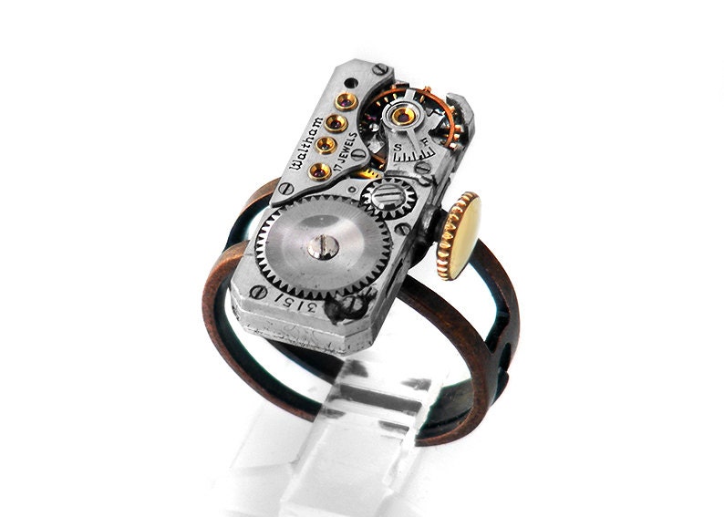 Steampunk Ring, Waltham Vintage Movement / Adjustable Ring Size 5 - 8.5