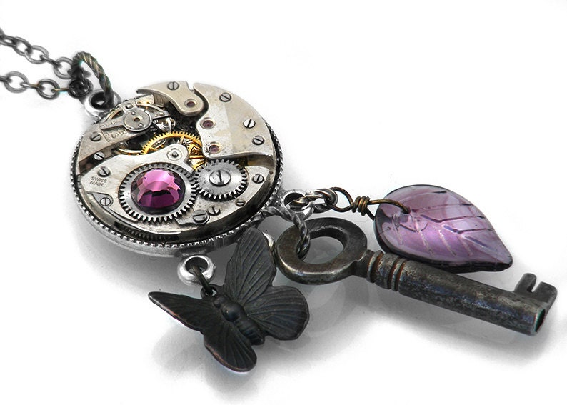 Steampunk Necklace, Black Butterfly & Key, Antique Pocket Watch Mechanism / Statement Necklace